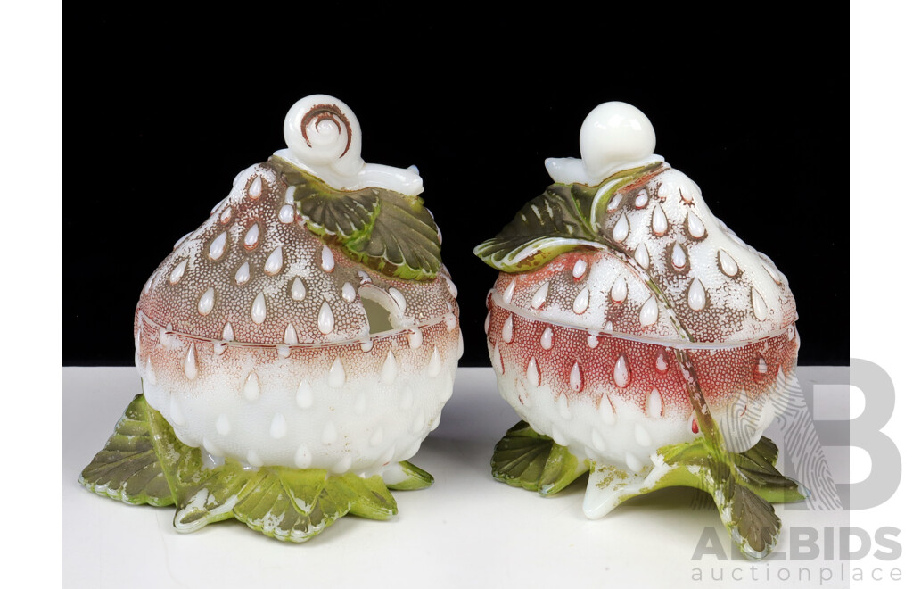 Pair Antique French Vallerysthal Opaline Milk Glass Snail on Strawberry Box