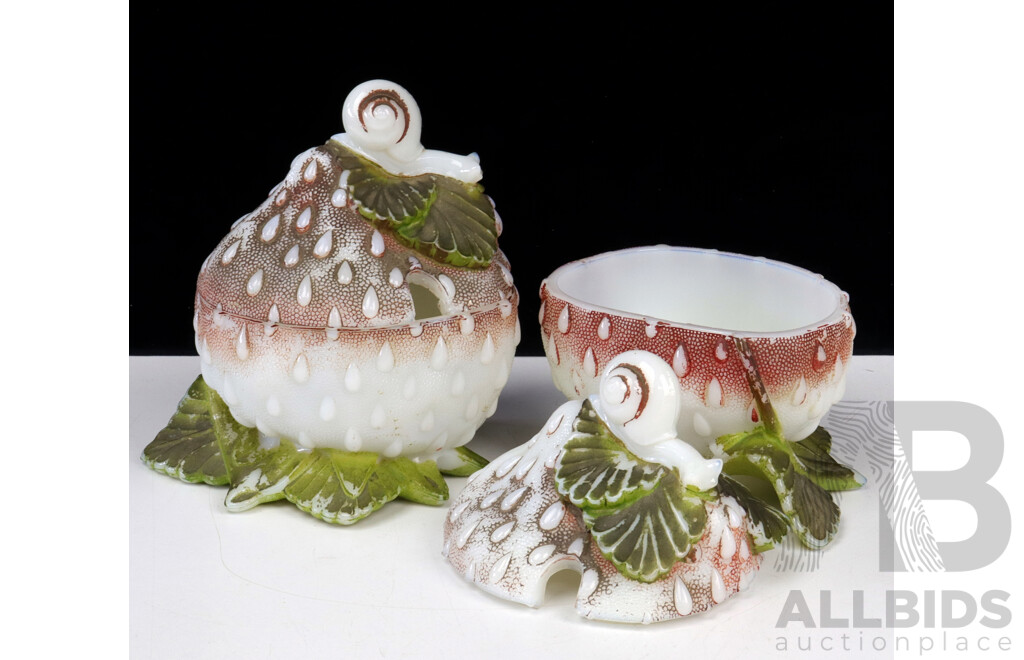 Pair Antique French Vallerysthal Opaline Milk Glass Snail on Strawberry Box