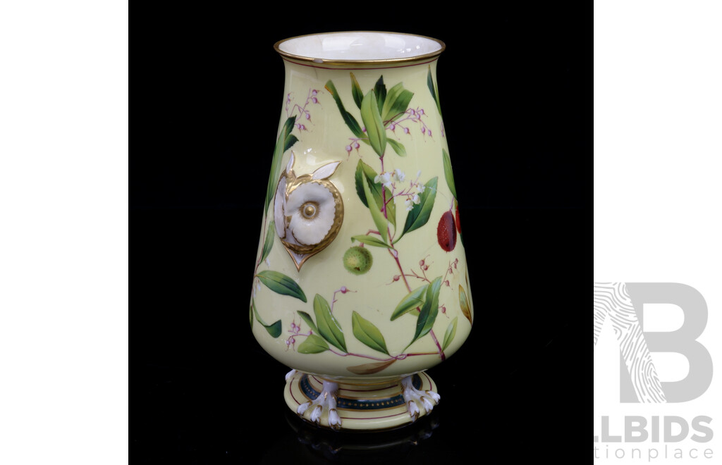 Antique Late Victorian Minton Aesthetic Movement Hand Painted Porcelain Vase with Owl Motif, Circa 1880s, Repaired