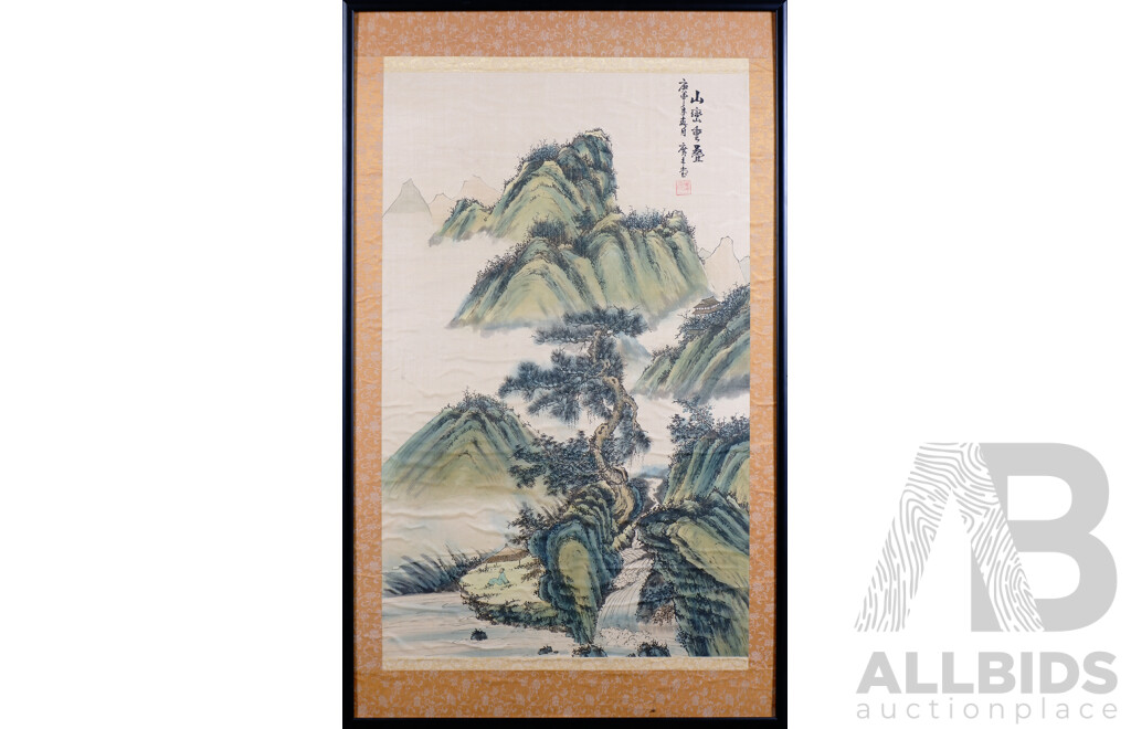 Chinese Scroll Painting on Silk, Mountain Scene