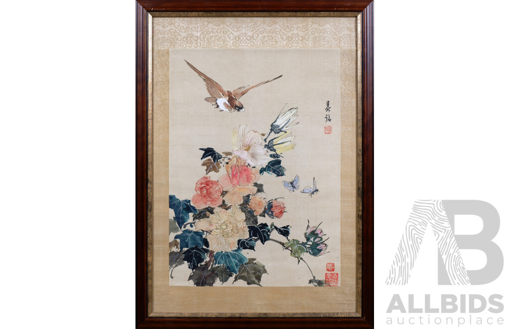Framed Chinese Scroll Painting, Ink and Watercolour on Paper