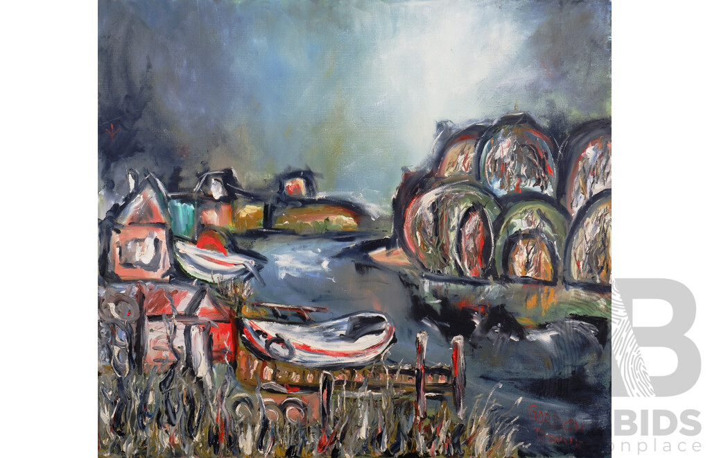 Gordon Downie (born 1954), Untitled (Boats on River) Oil on Canvas
