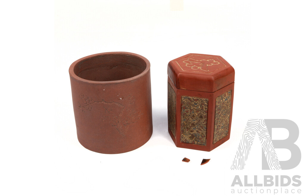 Two Vintage Chinese Yi Xing Items Comprising Lidded Hexagonal Form Tea Caddy with Marbled Panels Along with Brush Washer