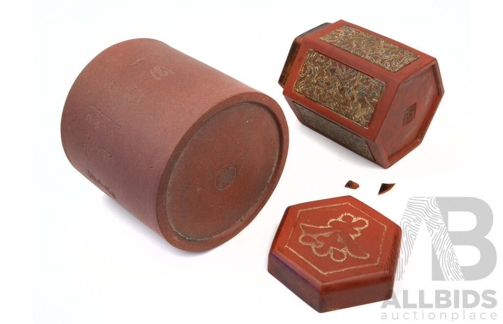 Two Vintage Chinese Yi Xing Items Comprising Lidded Hexagonal Form Tea Caddy with Marbled Panels Along with Brush Washer