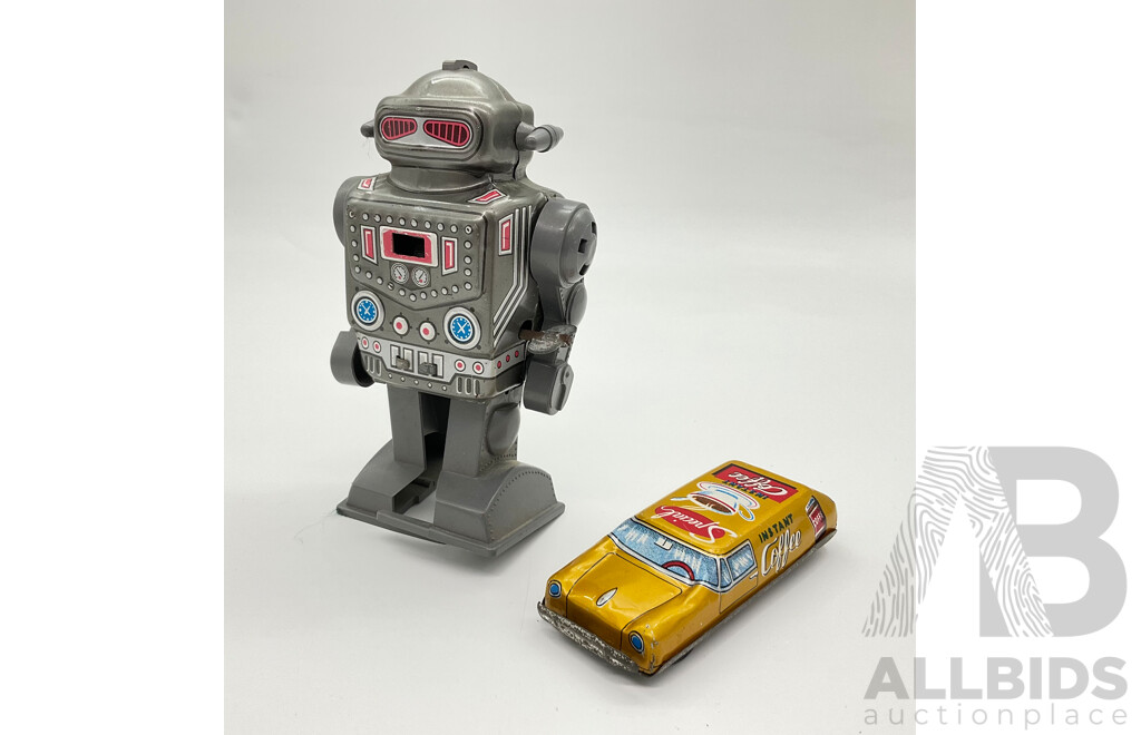 Vintage Yonezawa 'Captain the Robot' Clock Work Robot and Pressed Steel Special Instant Coffee Litho Station Wagon, Both Made in Japan