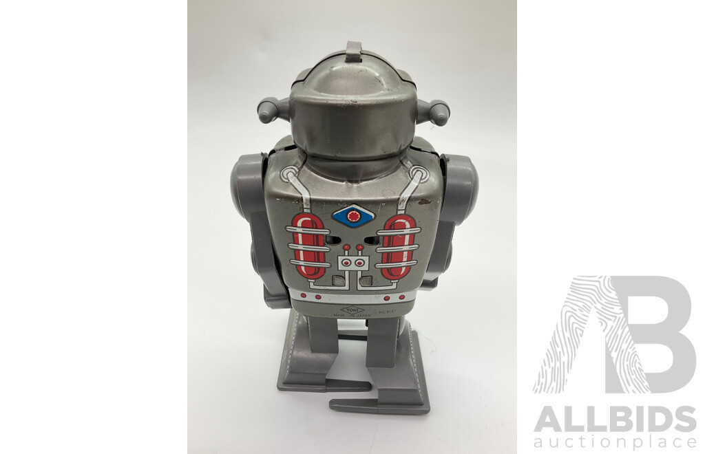 Vintage Yonezawa 'Captain the Robot' Clock Work Robot and Pressed Steel Special Instant Coffee Litho Station Wagon, Both Made in Japan