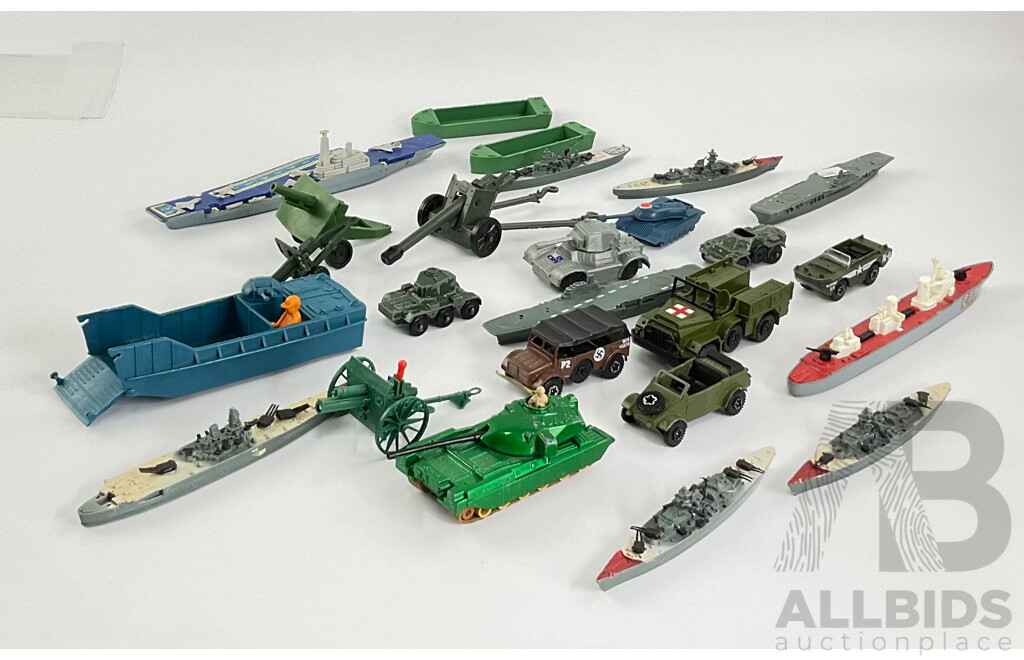 Collection of Diecast and Plastic Ships, Boats, Cannon, Military Vehicles Including Matchbox and Corgi