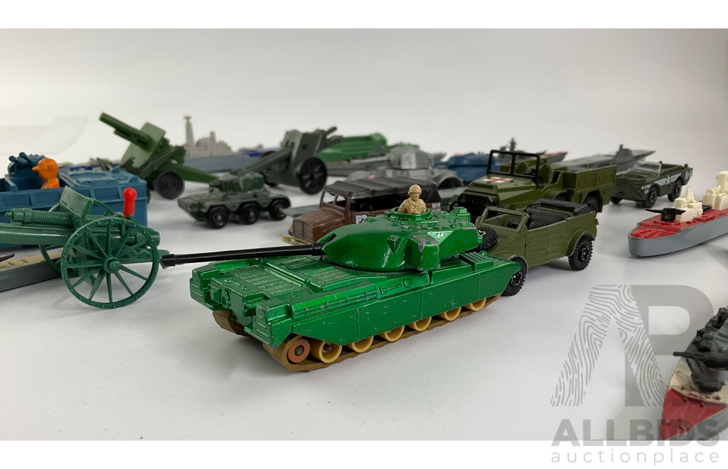 Collection of Diecast and Plastic Ships, Boats, Cannon, Military Vehicles Including Matchbox and Corgi