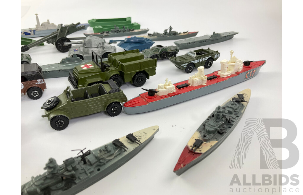 Collection of Diecast and Plastic Ships, Boats, Cannon, Military Vehicles Including Matchbox and Corgi