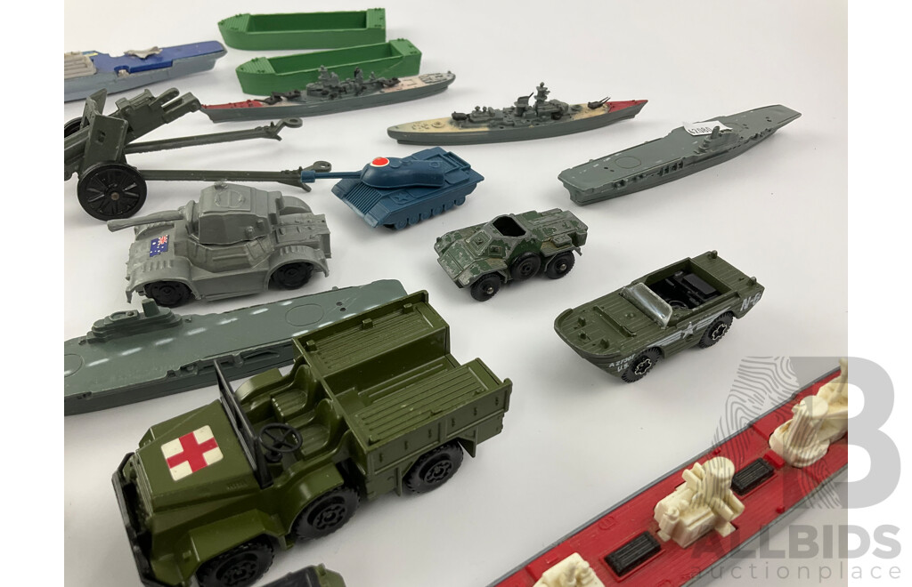 Collection of Diecast and Plastic Ships, Boats, Cannon, Military Vehicles Including Matchbox and Corgi