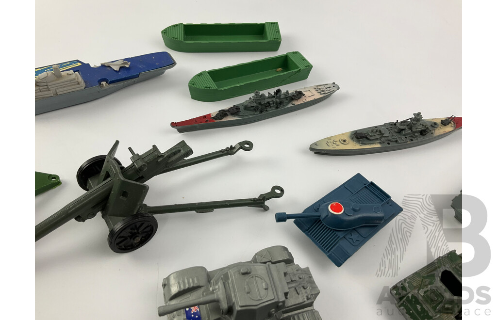 Collection of Diecast and Plastic Ships, Boats, Cannon, Military Vehicles Including Matchbox and Corgi