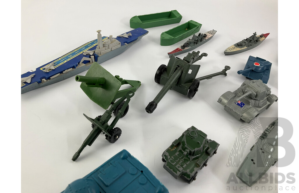 Collection of Diecast and Plastic Ships, Boats, Cannon, Military Vehicles Including Matchbox and Corgi