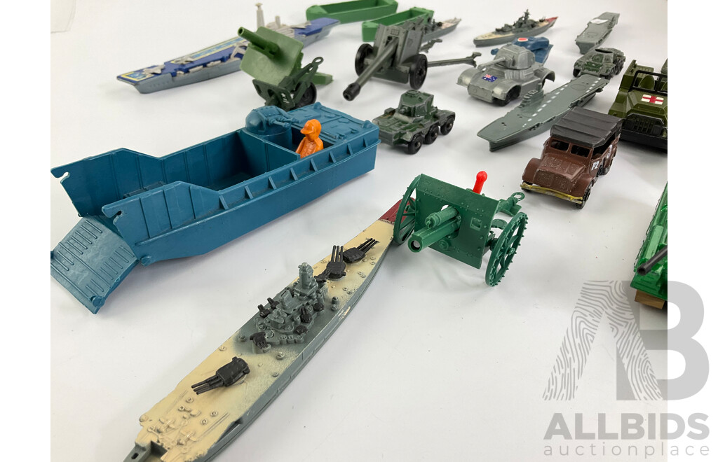 Collection of Diecast and Plastic Ships, Boats, Cannon, Military Vehicles Including Matchbox and Corgi