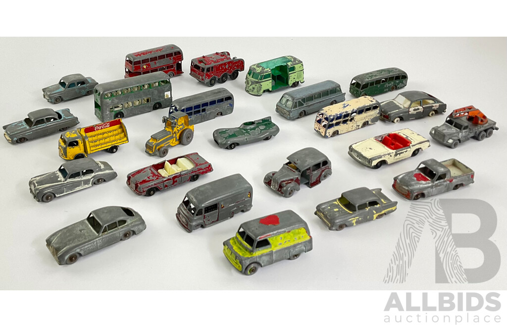 Collection of Vintage Matchbox/Lesney Diecast Vehicles Including D-Type Jaguar, Ford Zodiac, Karrier Bantam, Busses and More