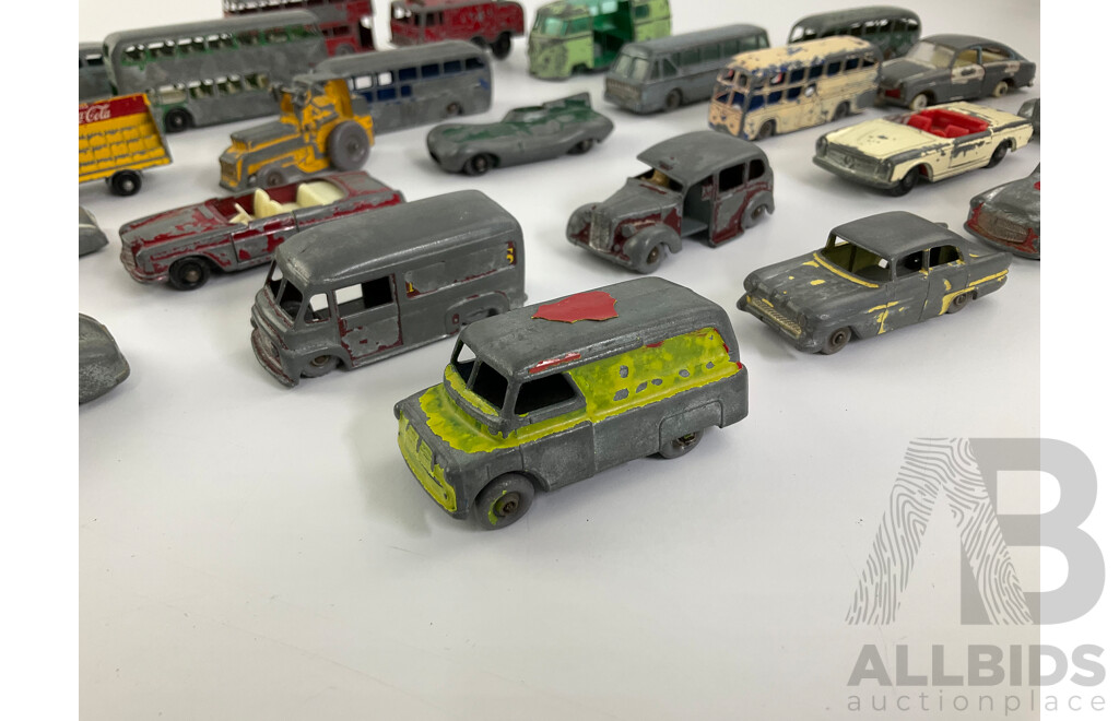 Collection of Vintage Matchbox/Lesney Diecast Vehicles Including D-Type Jaguar, Ford Zodiac, Karrier Bantam, Busses and More