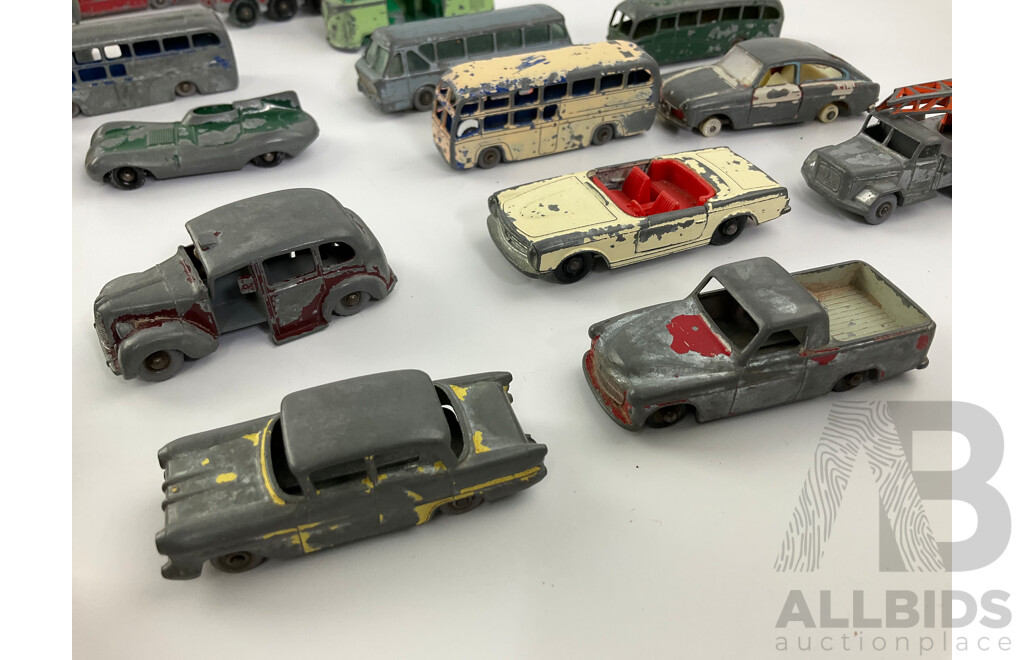 Collection of Vintage Matchbox/Lesney Diecast Vehicles Including D-Type Jaguar, Ford Zodiac, Karrier Bantam, Busses and More