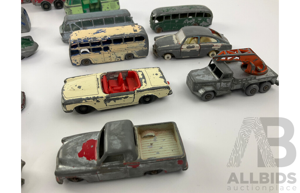 Collection of Vintage Matchbox/Lesney Diecast Vehicles Including D-Type Jaguar, Ford Zodiac, Karrier Bantam, Busses and More