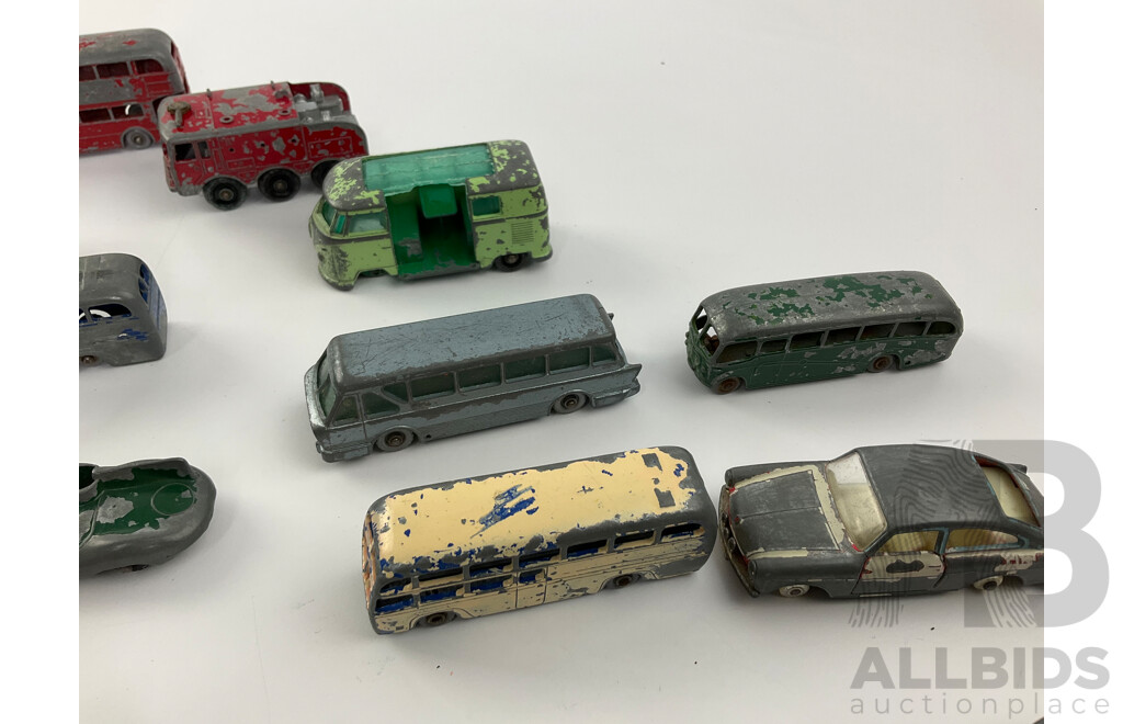 Collection of Vintage Matchbox/Lesney Diecast Vehicles Including D-Type Jaguar, Ford Zodiac, Karrier Bantam, Busses and More