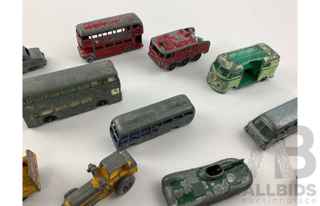 Collection of Vintage Matchbox/Lesney Diecast Vehicles Including D-Type Jaguar, Ford Zodiac, Karrier Bantam, Busses and More