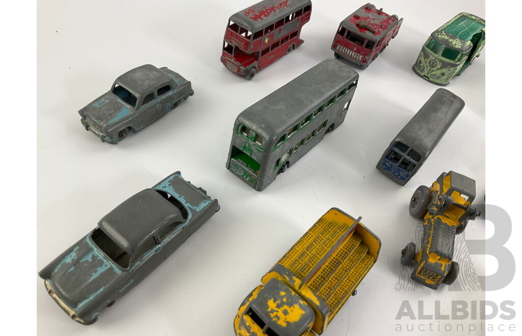 Collection of Vintage Matchbox/Lesney Diecast Vehicles Including D-Type Jaguar, Ford Zodiac, Karrier Bantam, Busses and More