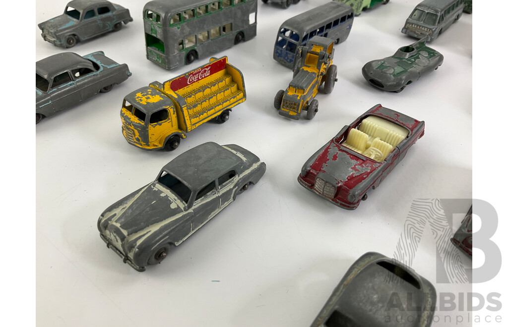 Collection of Vintage Matchbox/Lesney Diecast Vehicles Including D-Type Jaguar, Ford Zodiac, Karrier Bantam, Busses and More