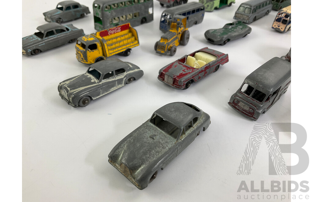 Collection of Vintage Matchbox/Lesney Diecast Vehicles Including D-Type Jaguar, Ford Zodiac, Karrier Bantam, Busses and More