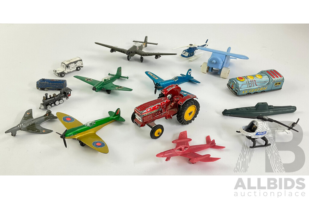 Vintage Diecast and Plastic Planes, Trains and Tractor Including Matchbox and Dinky