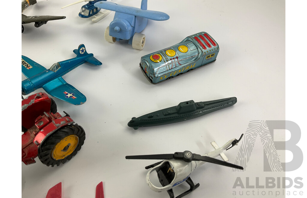 Vintage Diecast and Plastic Planes, Trains and Tractor Including Matchbox and Dinky