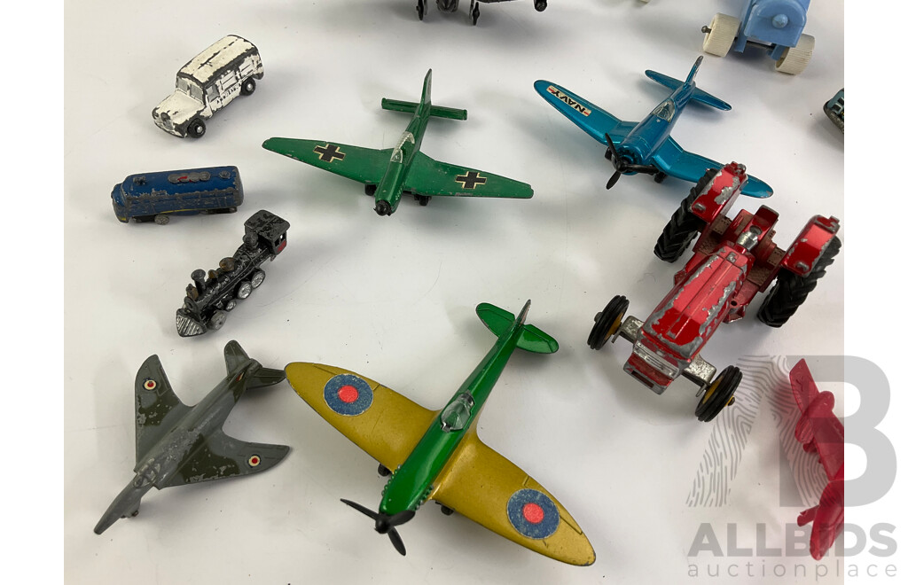 Vintage Diecast and Plastic Planes, Trains and Tractor Including Matchbox and Dinky