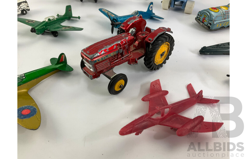 Vintage Diecast and Plastic Planes, Trains and Tractor Including Matchbox and Dinky