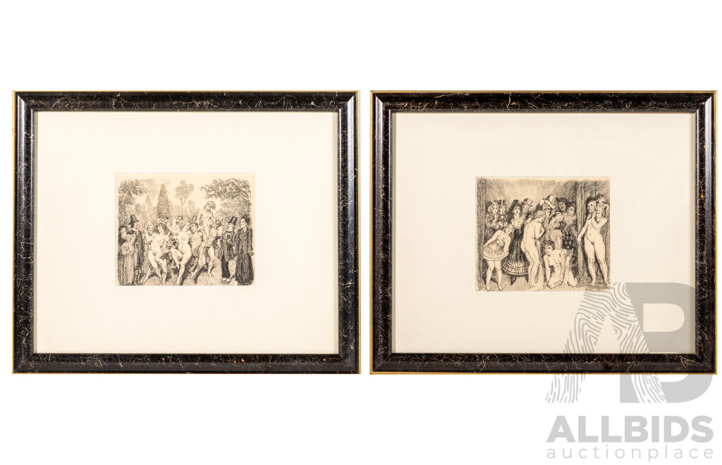 Norman Lindsay, (20th Century, Australian, 1879-1969), Dull Dogs & Gay Devils, and Pantomime, Pair of Reproduction Prints of Original Pen Drawings, 47 x 57 cm (frames) (2)