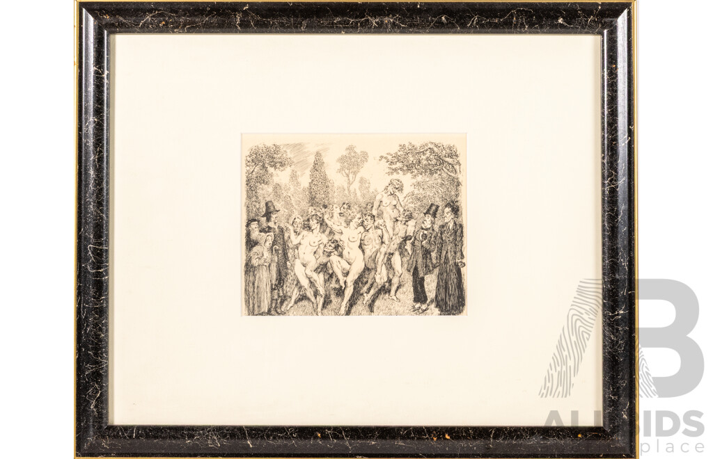 Norman Lindsay, (20th Century, Australian, 1879-1969), Dull Dogs & Gay Devils, and Pantomime, Pair of Reproduction Prints of Original Pen Drawings, 47 x 57 cm (frames) (2)