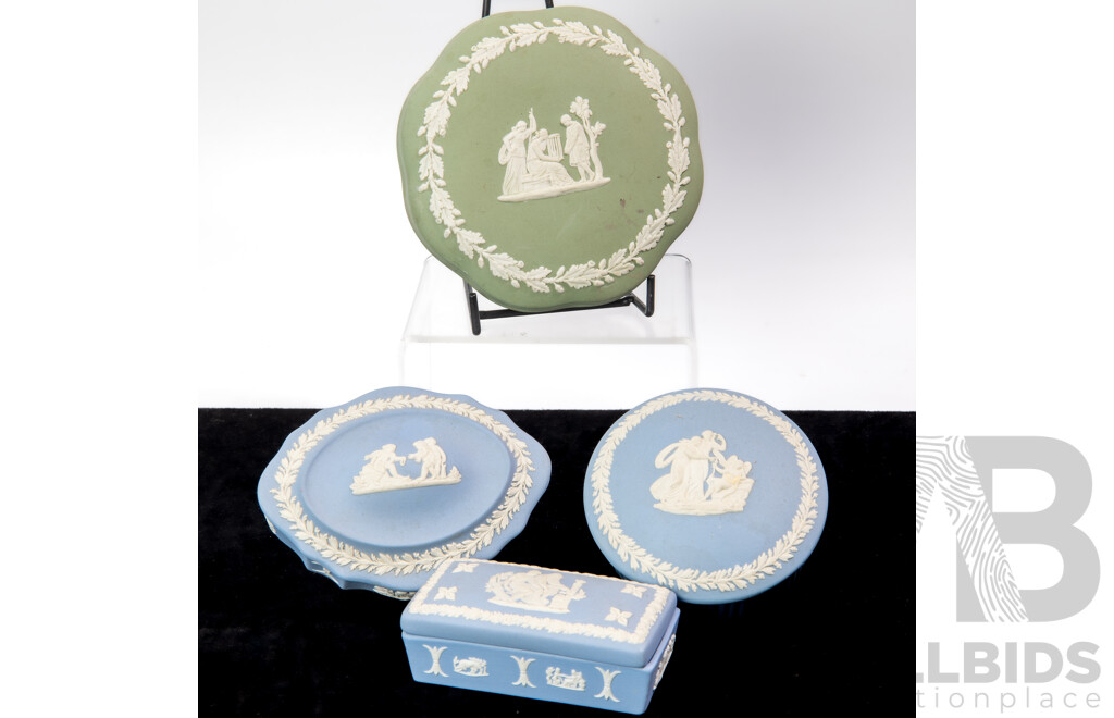 Collection Four Wedgwood Jasperware Lidded Trinket Dishes with Classical Scenes