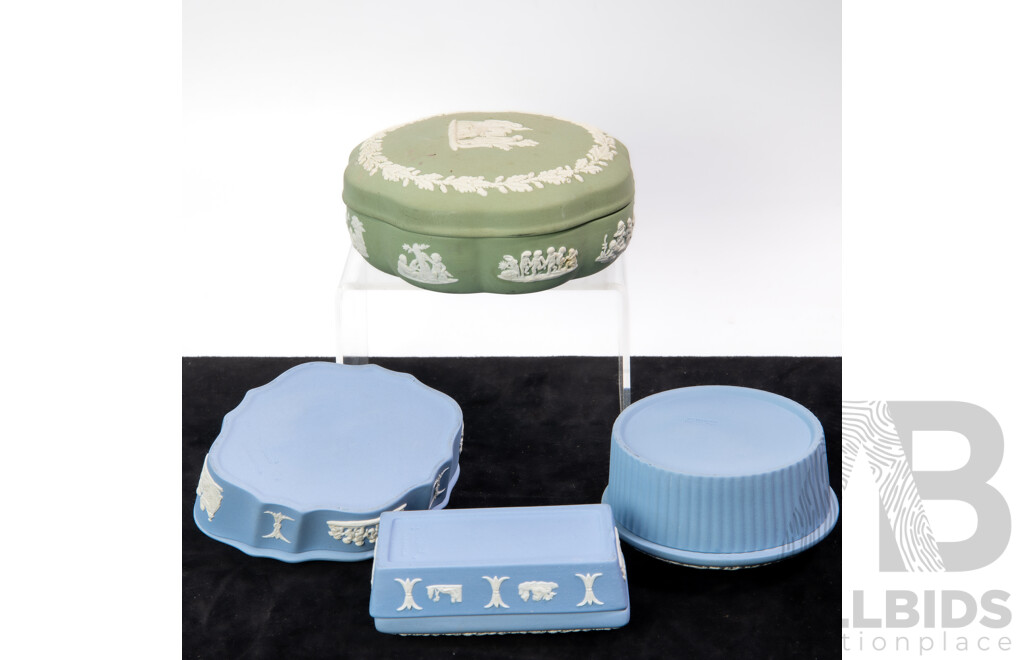 Collection Four Wedgwood Jasperware Lidded Trinket Dishes with Classical Scenes
