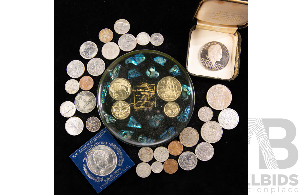 Collection of Vintage Coins Including USA Commemorative Quarters, UK Silver Sixpence, New Zealand Encapsulated Decimal Coins and Papua Shell, Samoa 1970 One Dollar James Cook and More