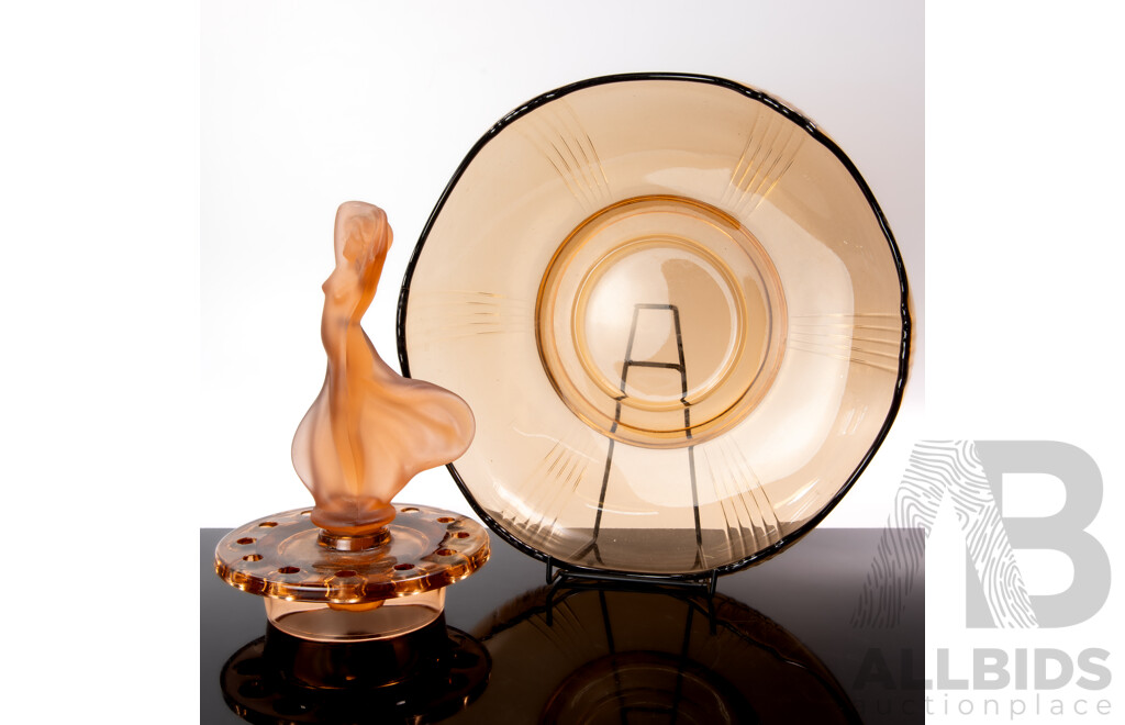 Antique Art Deco Pink Glass Centre Piece Float Bowl with Matching Frog