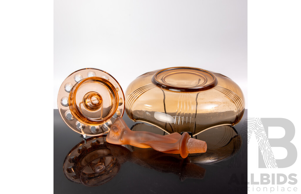 Antique Art Deco Pink Glass Centre Piece Float Bowl with Matching Frog