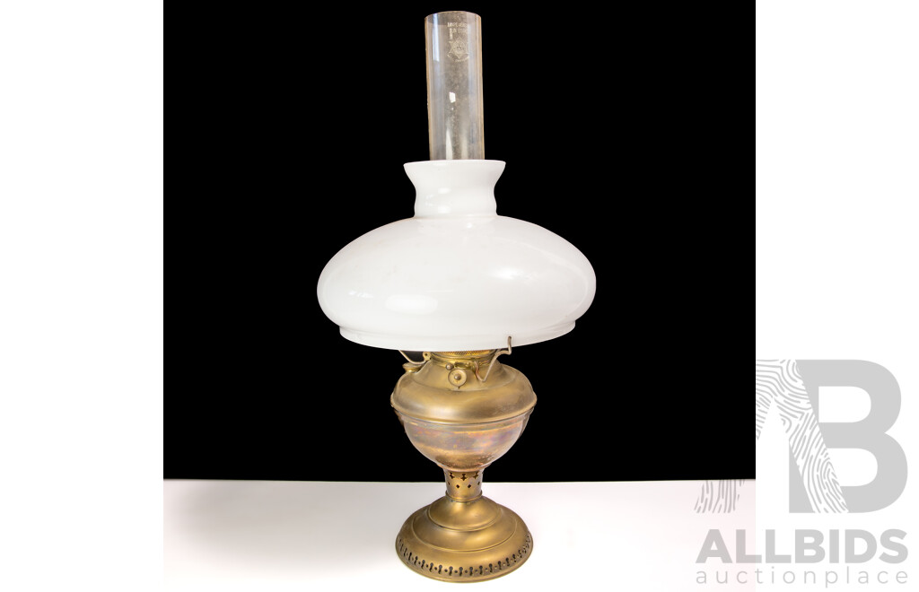 Antique Miller Juno Lamp with Brass Base, Milk Glass Shade and Glass Flue