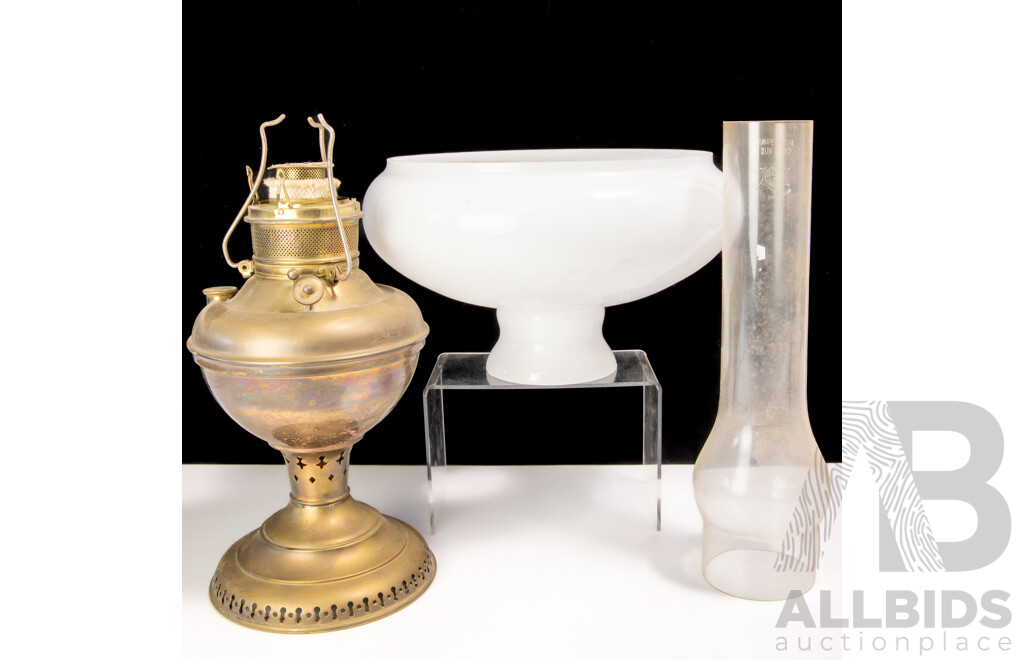 Antique Miller Juno Lamp with Brass Base, Milk Glass Shade and Glass Flue