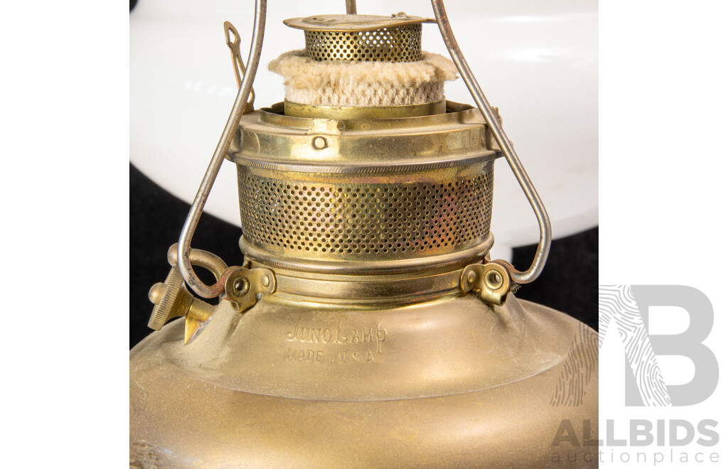 Antique Miller Juno Lamp with Brass Base, Milk Glass Shade and Glass Flue