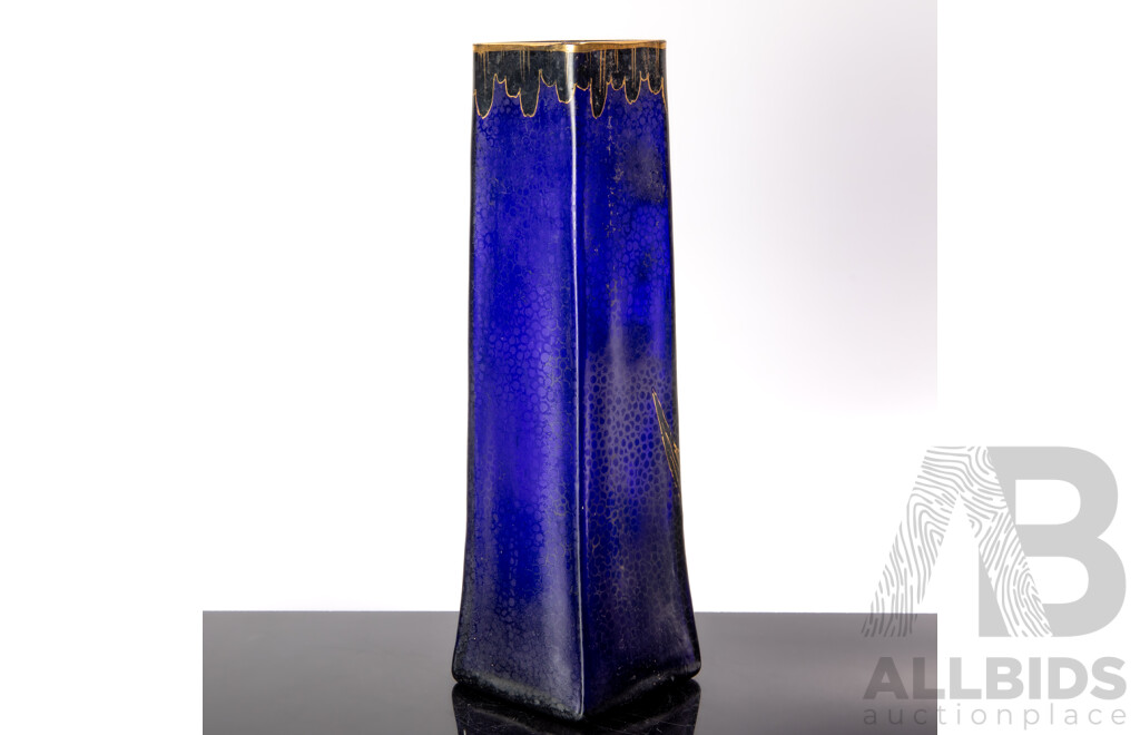 Antique Continental Blue Art Nouveau Glass Vase with Hand Painted Decoration