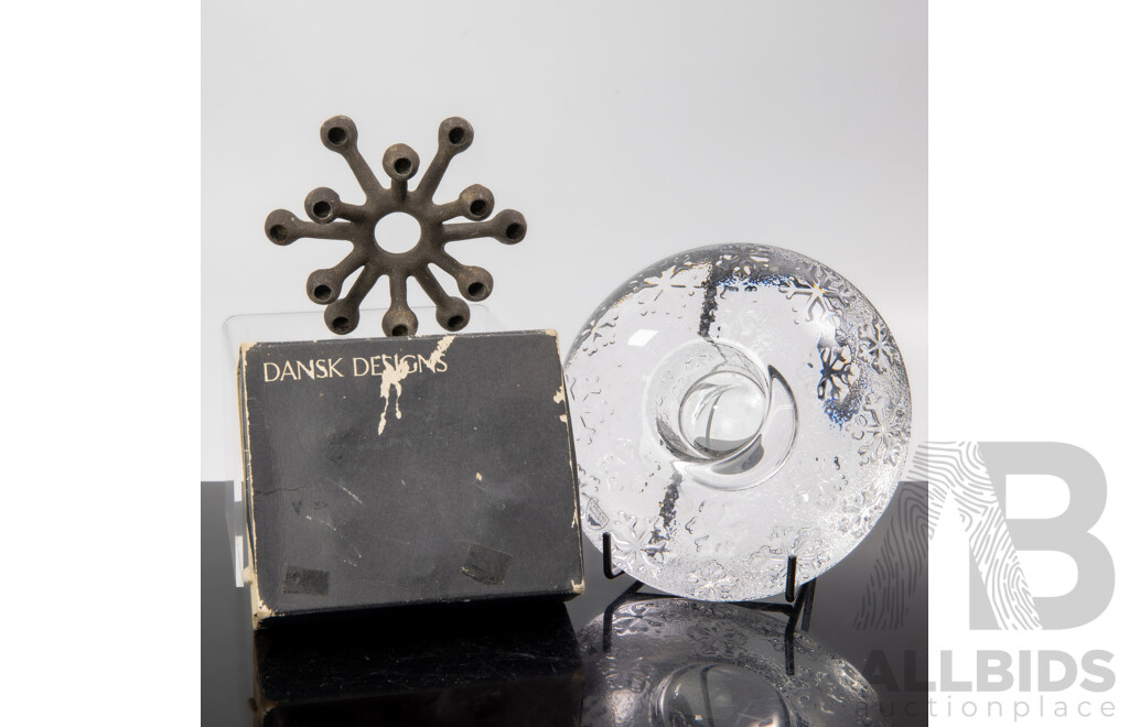 Mid Century Dansk Design Cast Iron Spider Taper Holder in Original Box by Jens Quistgaard Along with Mid Century Orrefors Sweden Glass Snowflake Votive