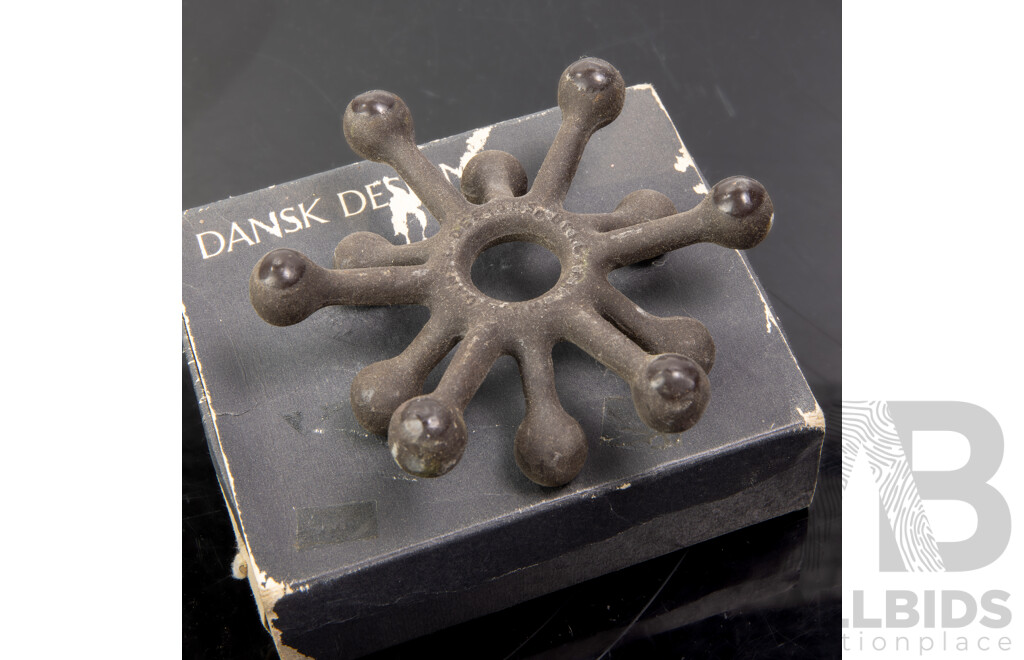 Mid Century Dansk Design Cast Iron Spider Taper Holder in Original Box by Jens Quistgaard Along with Mid Century Orrefors Sweden Glass Snowflake Votive