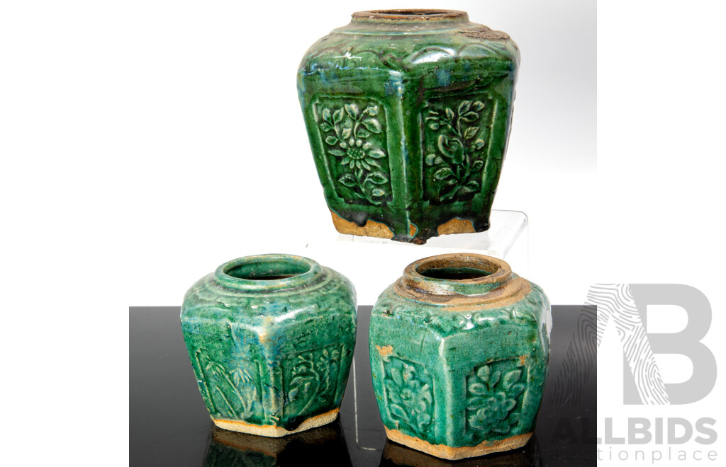 Set Three Antique Chinese Green Glazed Shirwan Ware Jars