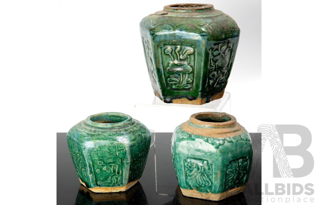 Set Three Antique Chinese Green Glazed Shirwan Ware Jars