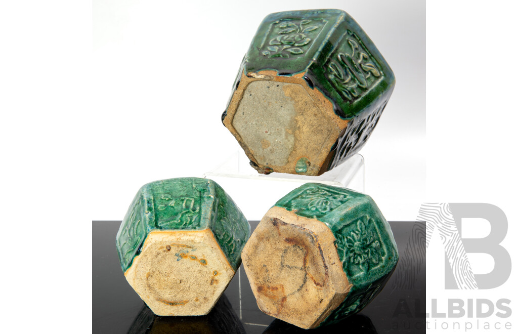 Set Three Antique Chinese Green Glazed Shirwan Ware Jars