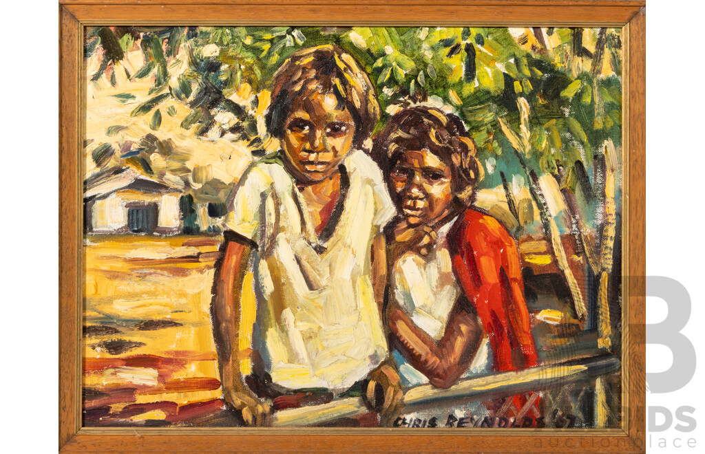 Christopher Reynolds, (20th Century, Australian, Working C1960s), Indigenous Children (1967), Wonderful Unique Vintage Oil on Canvas Board, 33.5 x 43.5 cm (frame)