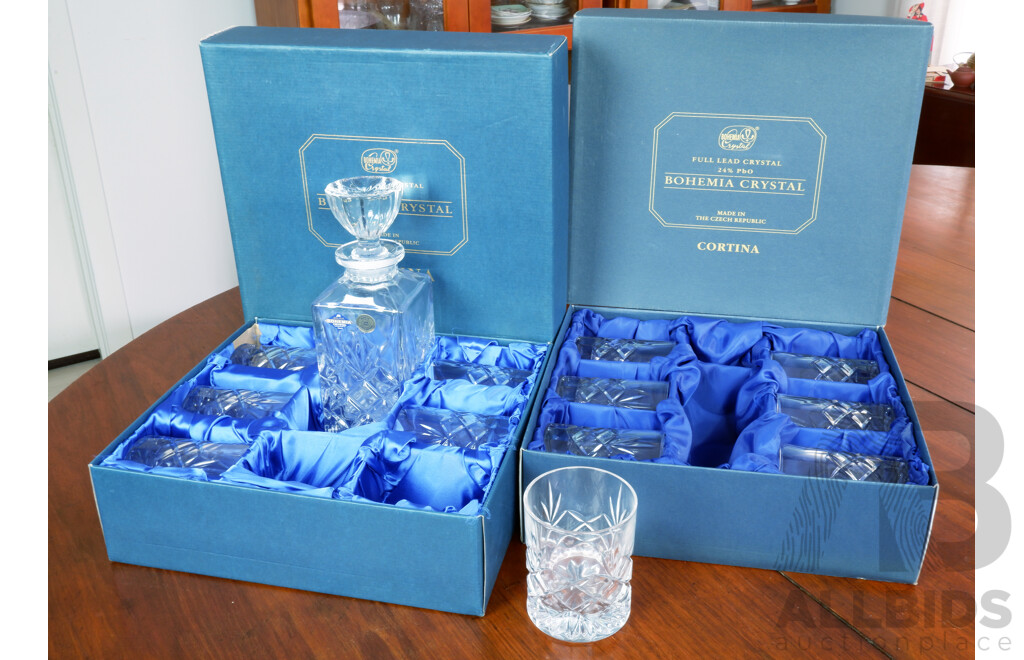 Two Boxed Bohemia Crystal Cortina Tumbler and Decanter Sets