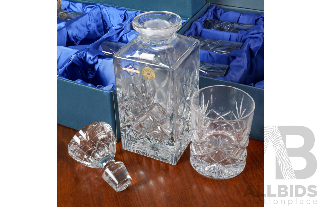 Two Boxed Bohemia Crystal Cortina Tumbler and Decanter Sets