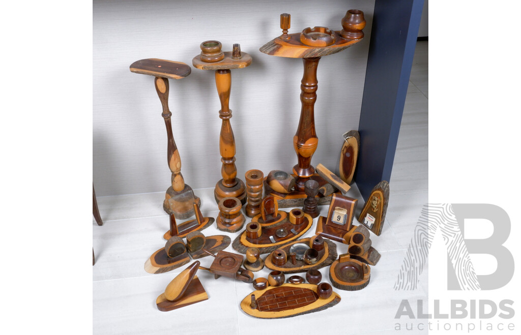 Large Collection of Vintage Mulga Wood Collectibles, Including Smokers Stands, Desk Tidies, Ashtrays and More 